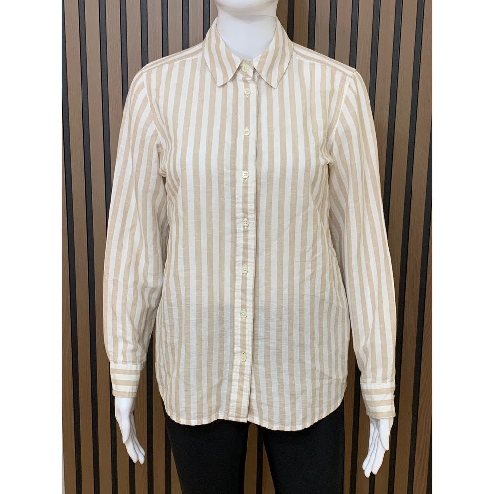 J.Crew Women's XS Tan White Striped Linen Cotton Button Down Shirt Long Sleeve